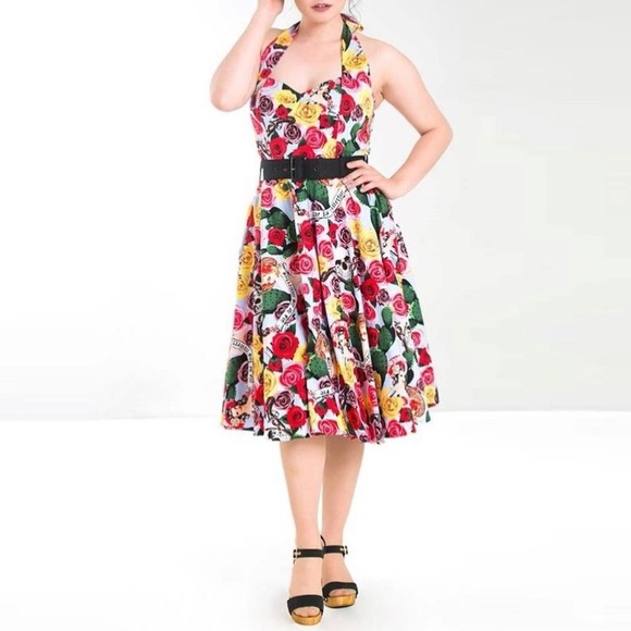 HELL BUNNY Mexico 50s Rockabilly Halter Neck Cotton Midi Dress - Picture 4 of 16